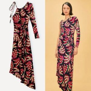 NEW! Farm Rio- Banana Dot Black One Shoulder Midi Dress Size XL Multicolor